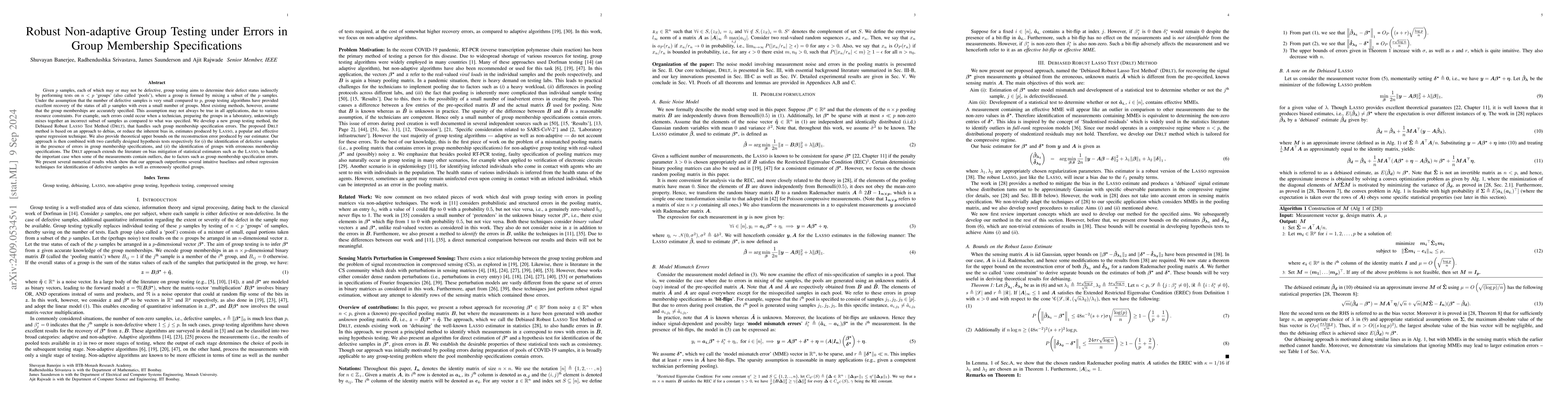 Thumbnail for Robust Non-adaptive Group Testing under Errors in Group Membership
  Specifications