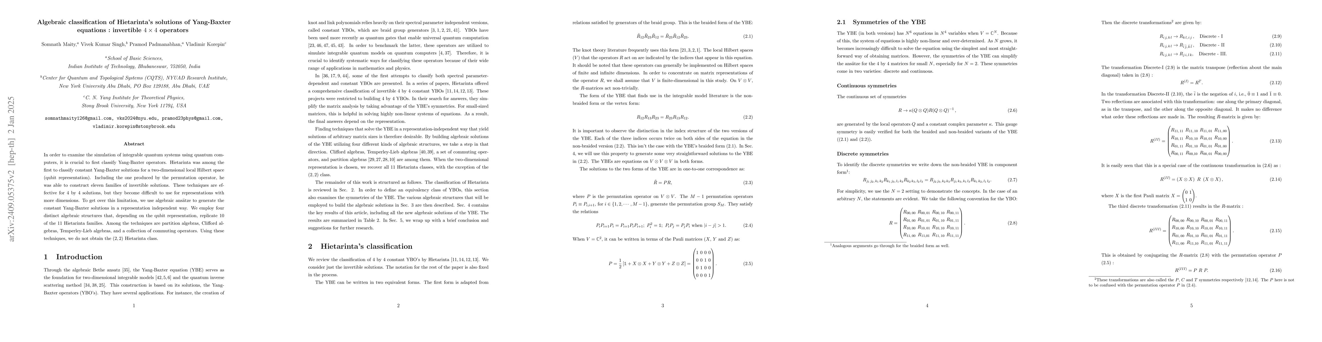 Thumbnail for Hietarinta's classification of $4\times 4$ constant Yang-Baxter
  operators using algebraic approach