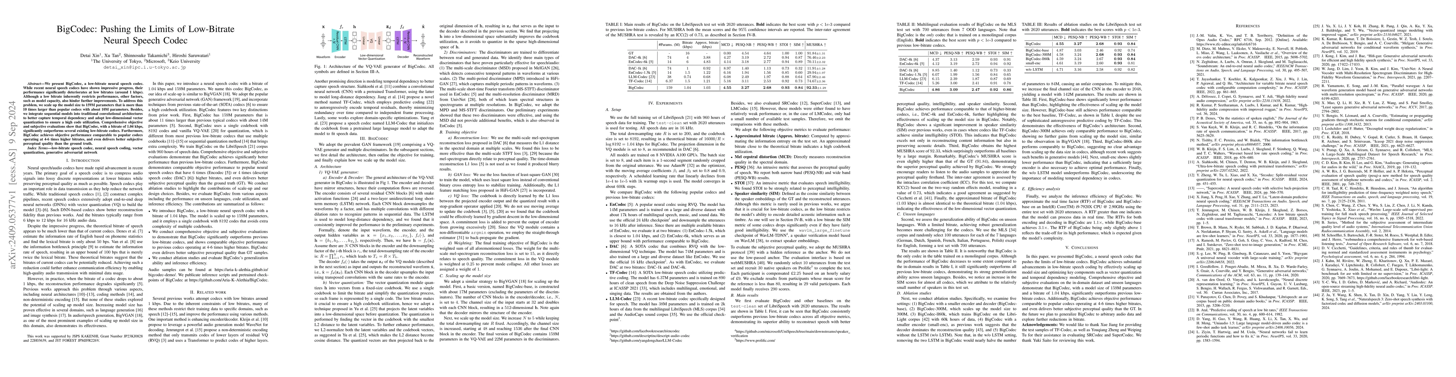 Thumbnail for BigCodec: Pushing the Limits of Low-Bitrate Neural Speech Codec