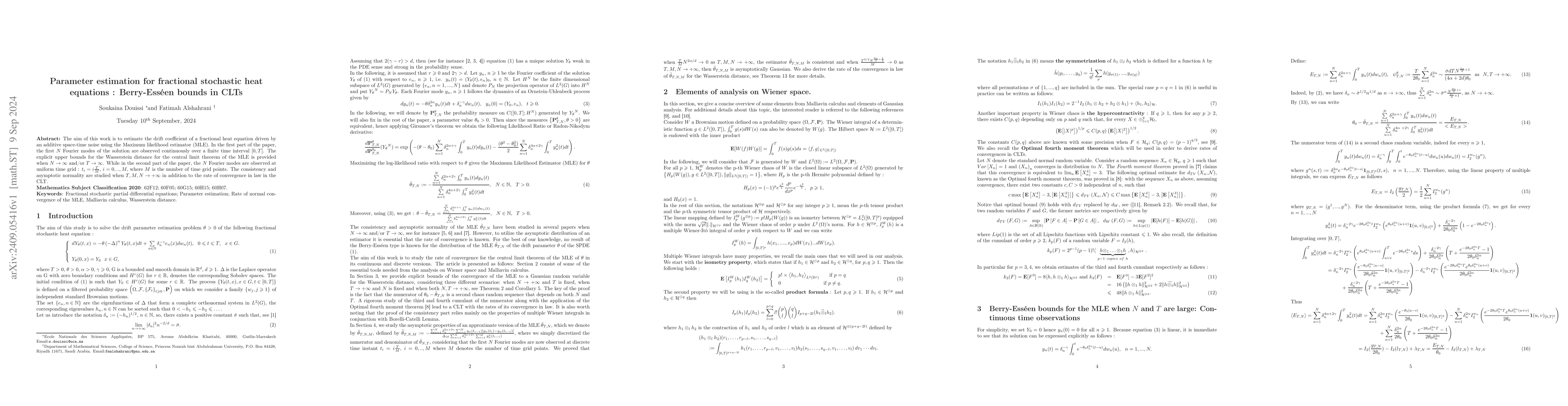 Thumbnail for Parameter estimation for fractional stochastic heat equations :
  Berry-Esséen bounds in CLTs