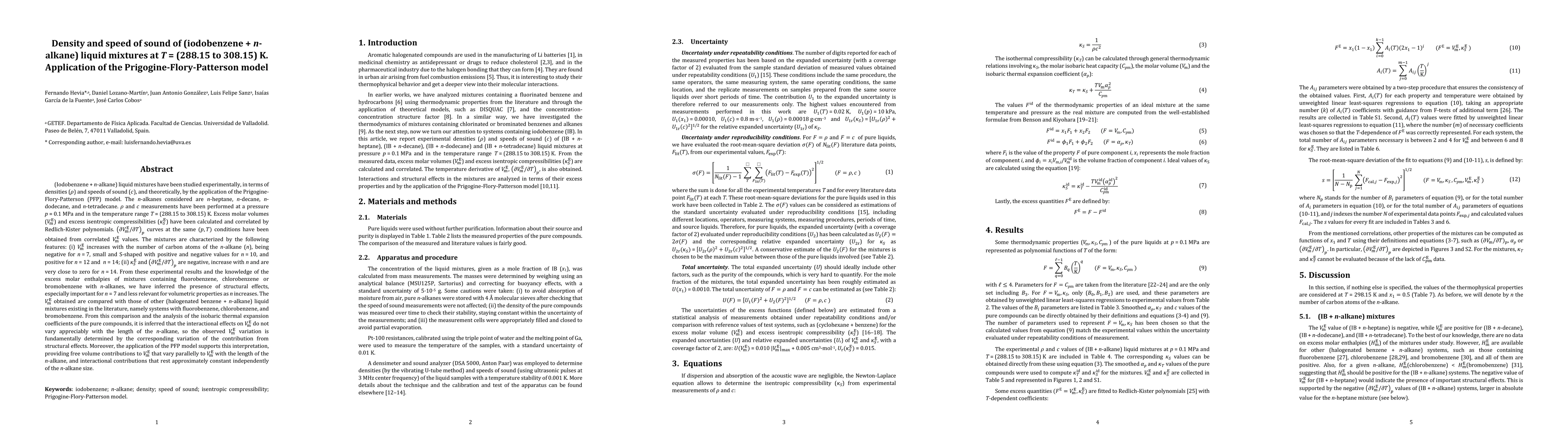 Thumbnail for Density and speed of sound of (iodobenzene + n-alkane) liquid mixtures
  at $T$ = (288.15 to 308.15) K. Application of the Prigogine-Flory-Patterson
  model