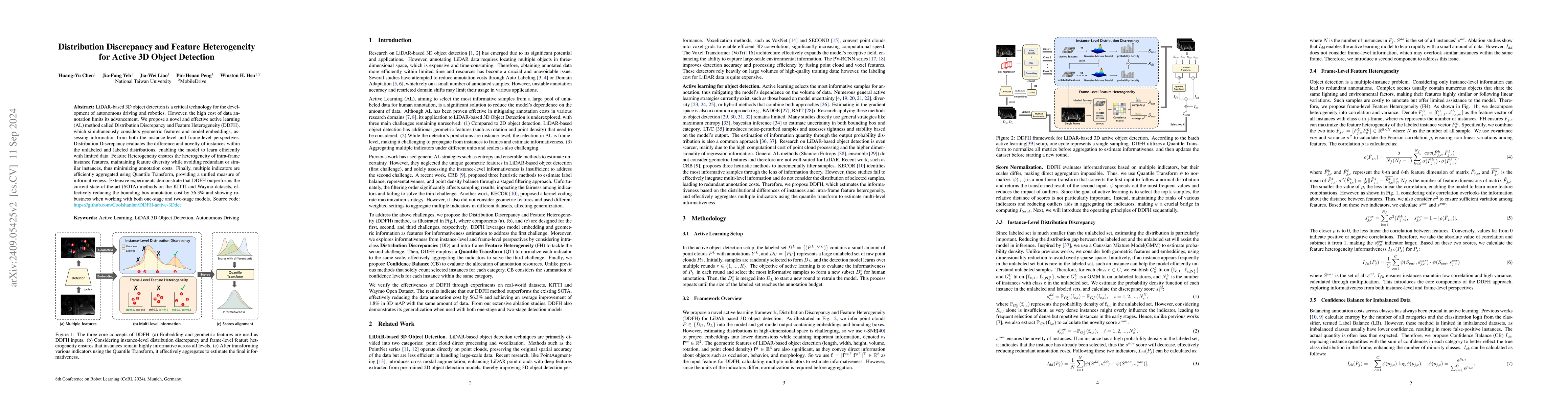Thumbnail for Distribution Discrepancy and Feature Heterogeneity for Active 3D Object
  Detection