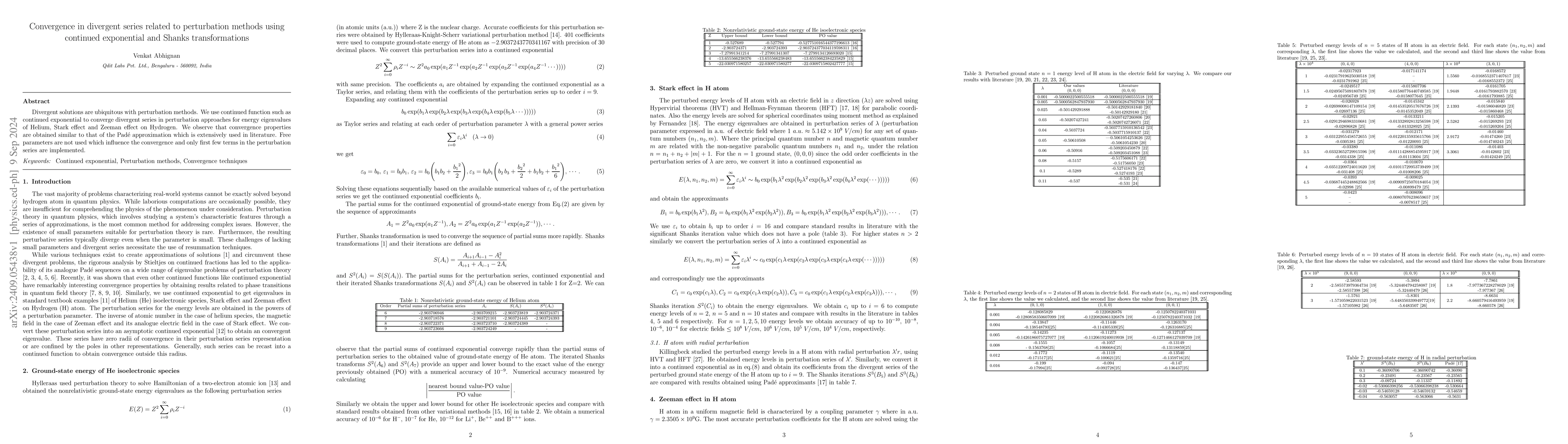 Thumbnail for Convergence in divergent series related to perturbation methods using
  continued exponential and Shanks transformations