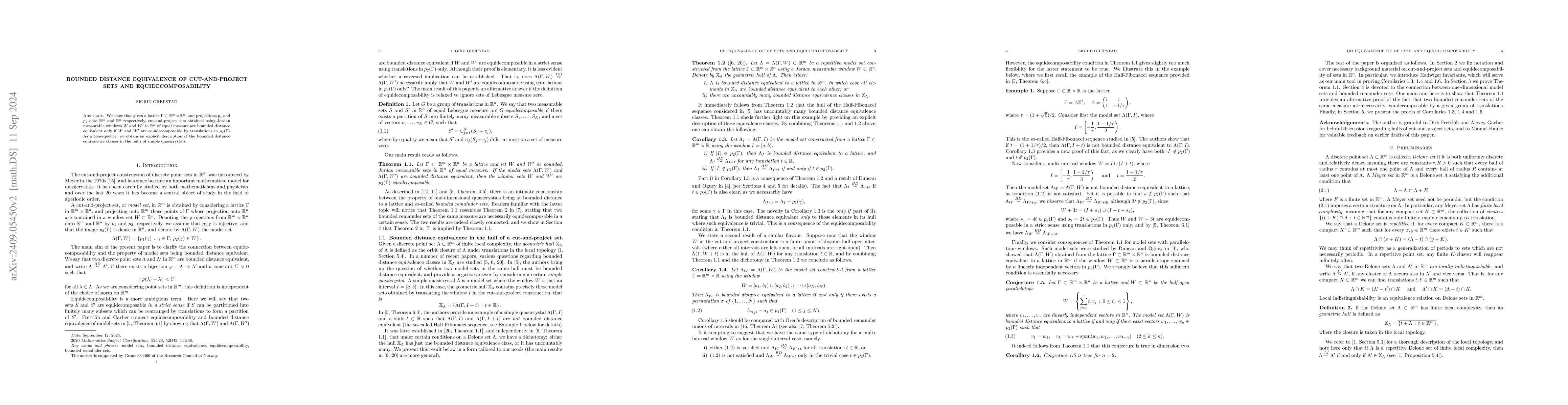 Thumbnail for Bounded distance equivalence of cut-and-project sets and
  equidecomposability