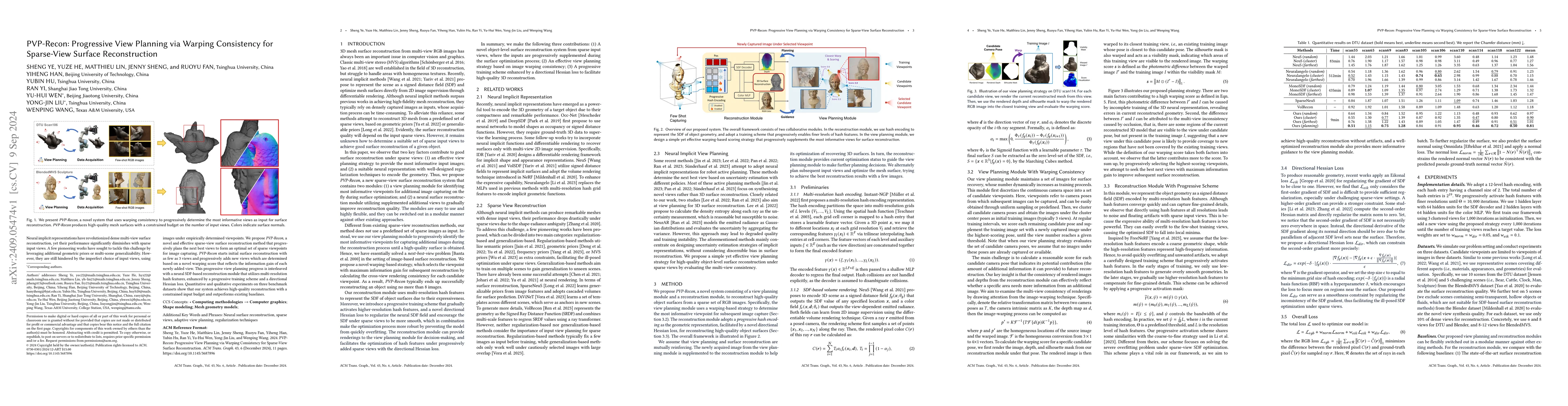 Thumbnail for PVP-Recon: Progressive View Planning via Warping Consistency for
  Sparse-View Surface Reconstruction