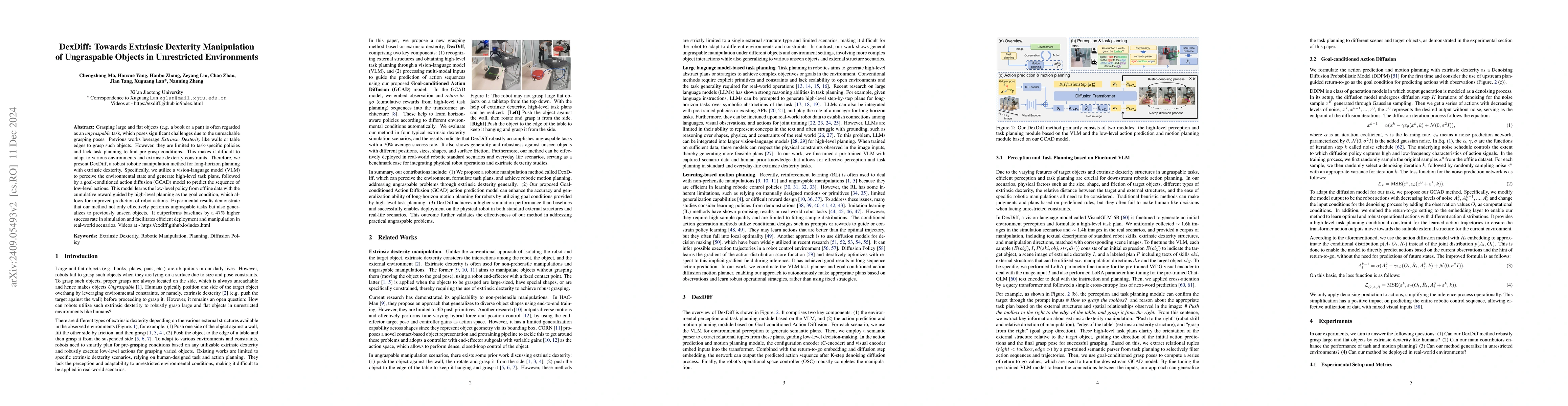 Thumbnail for DexDiff: Towards Extrinsic Dexterity Manipulation of Ungraspable Objects
  in Unrestricted Environments