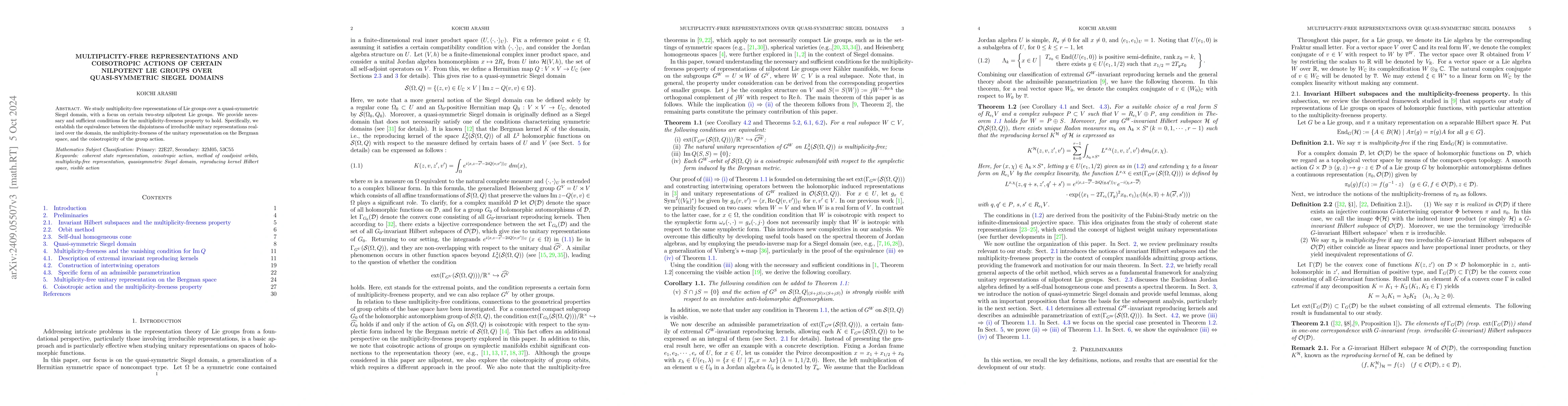 Thumbnail for Multiplicity-free representations and coisotropic actions of certain
  nilpotent Lie groups over quasi-symmetric Siegel domains