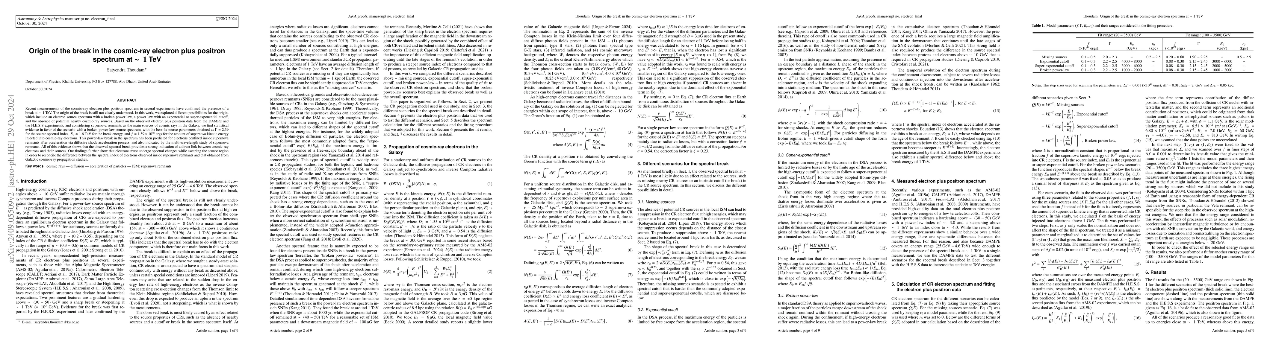 Thumbnail for Origin of the break in the cosmic-ray electron plus positron spectrum at
  ~ 1 TeV