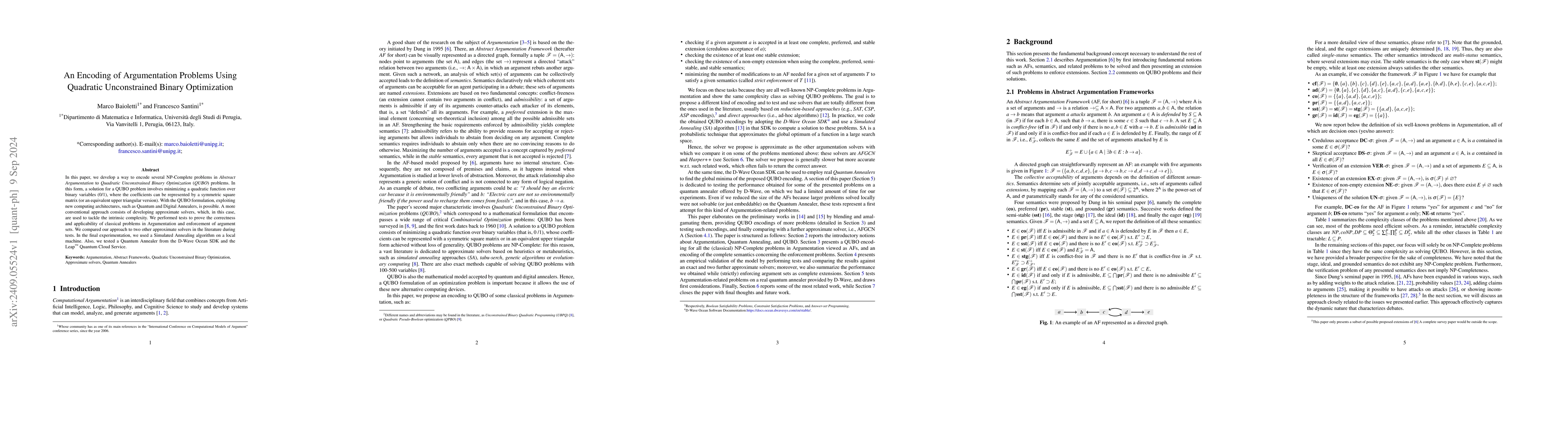 Thumbnail for An encoding of argumentation problems using quadratic unconstrained
  binary optimization