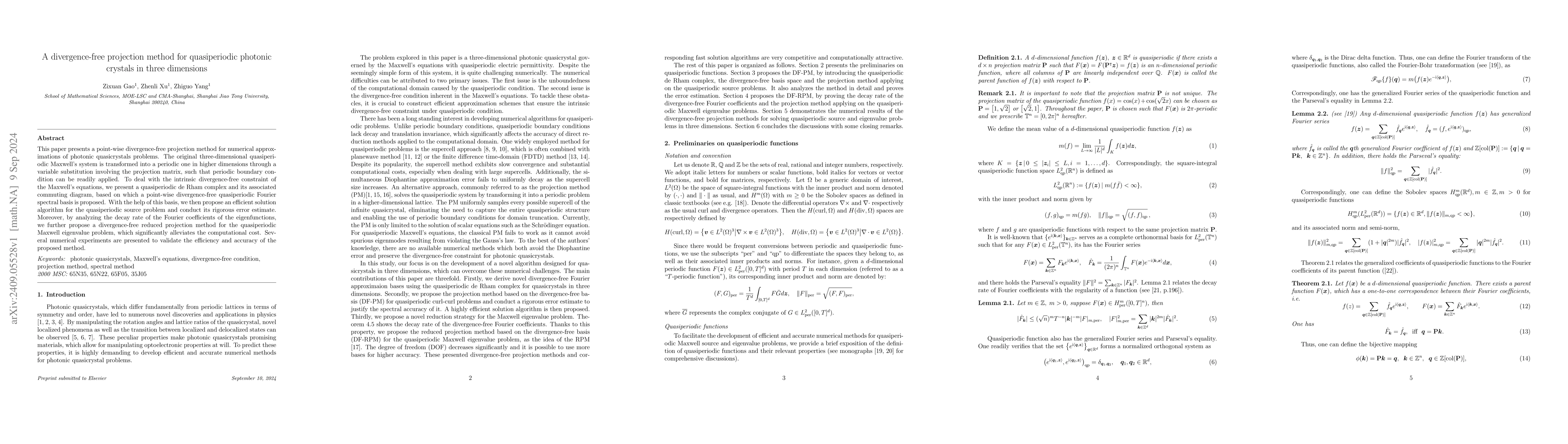 Thumbnail for A divergence-free projection method for quasiperiodic photonic crystals
  in three dimensions
