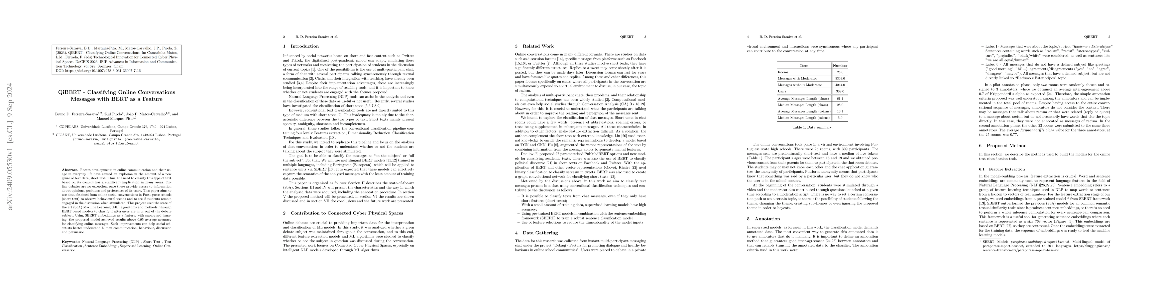 Thumbnail for QiBERT -- Classifying Online Conversations Messages with BERT as a
  Feature