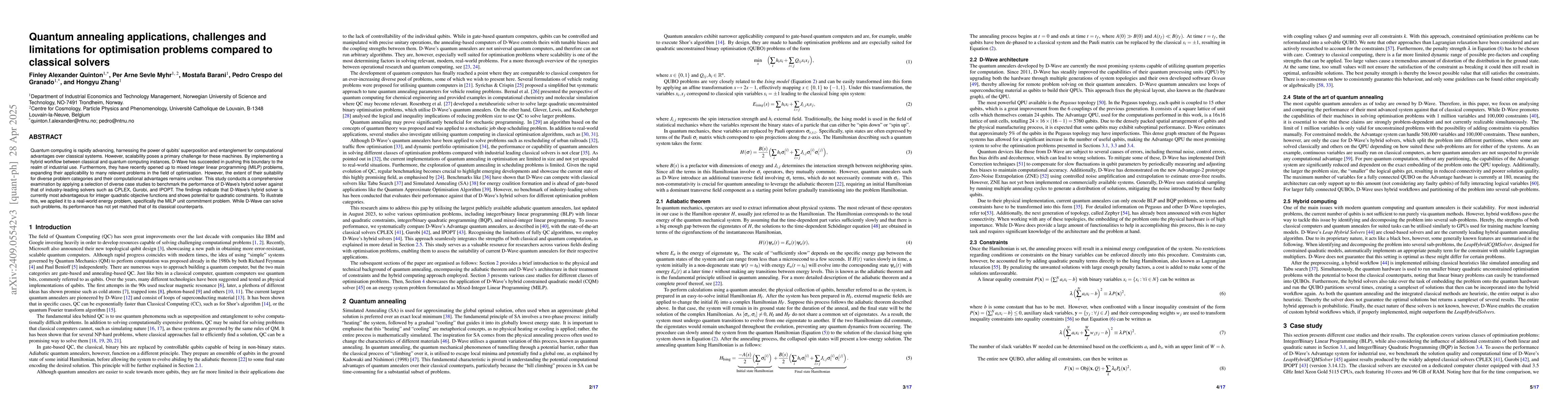Thumbnail for Quantum annealing versus classical solvers: Applications, challenges and
  limitations for optimisation problems