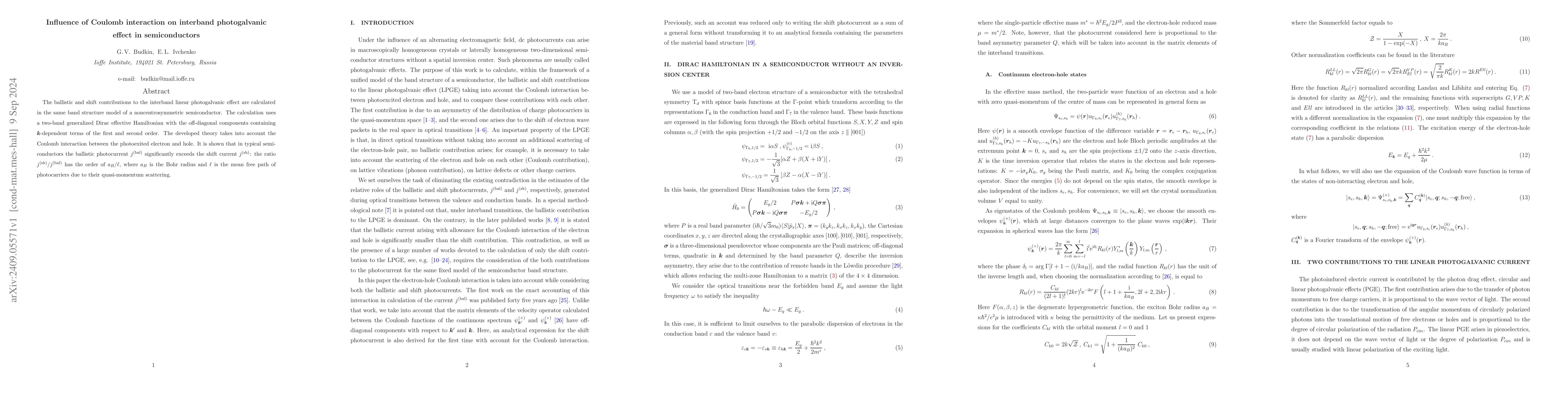 Thumbnail for Influence of Coulomb interaction on interband photogalvanic effect in
  semiconductors