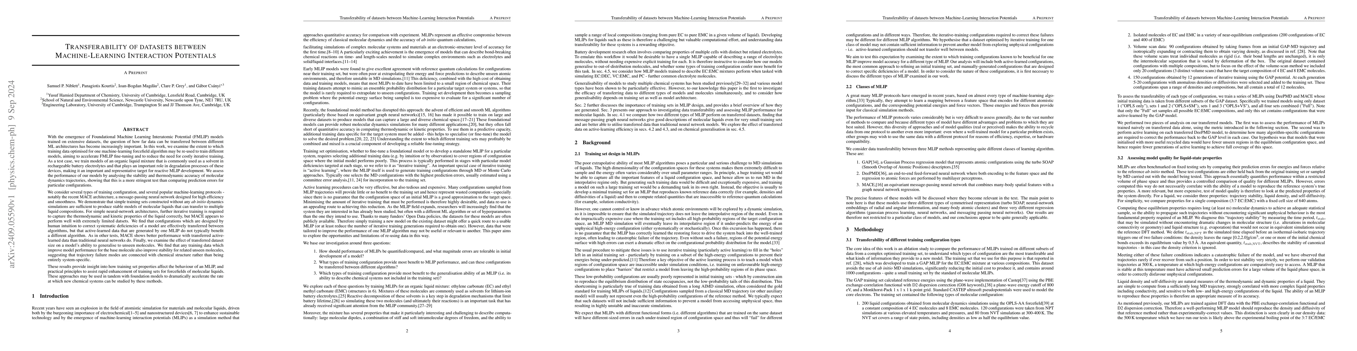 Thumbnail for Transferability of datasets between Machine-Learning Interaction
  Potentials
