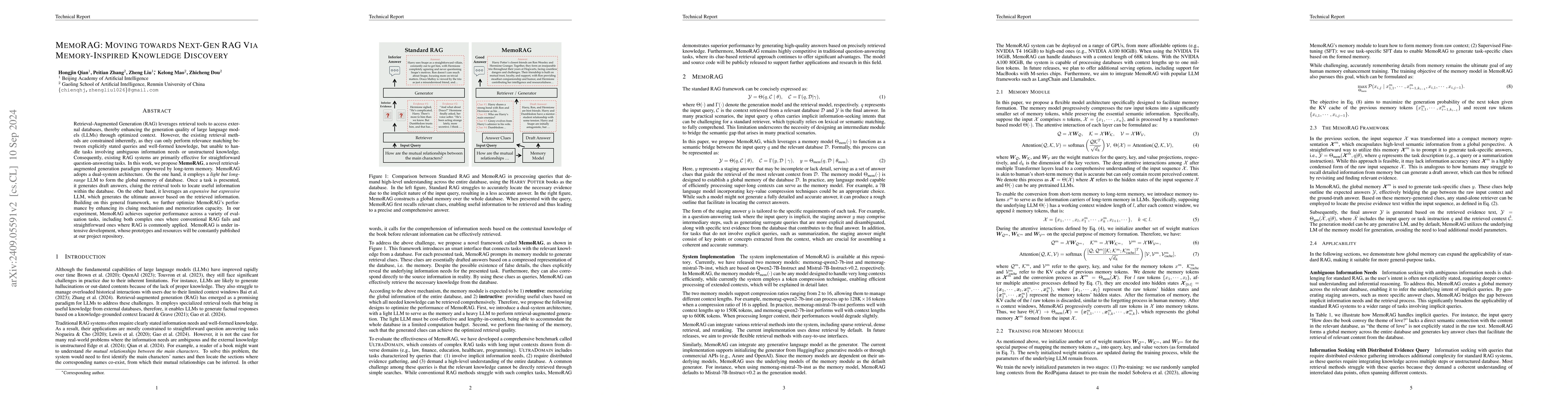 Thumbnail for MemoRAG: Moving towards Next-Gen RAG Via Memory-Inspired Knowledge
  Discovery