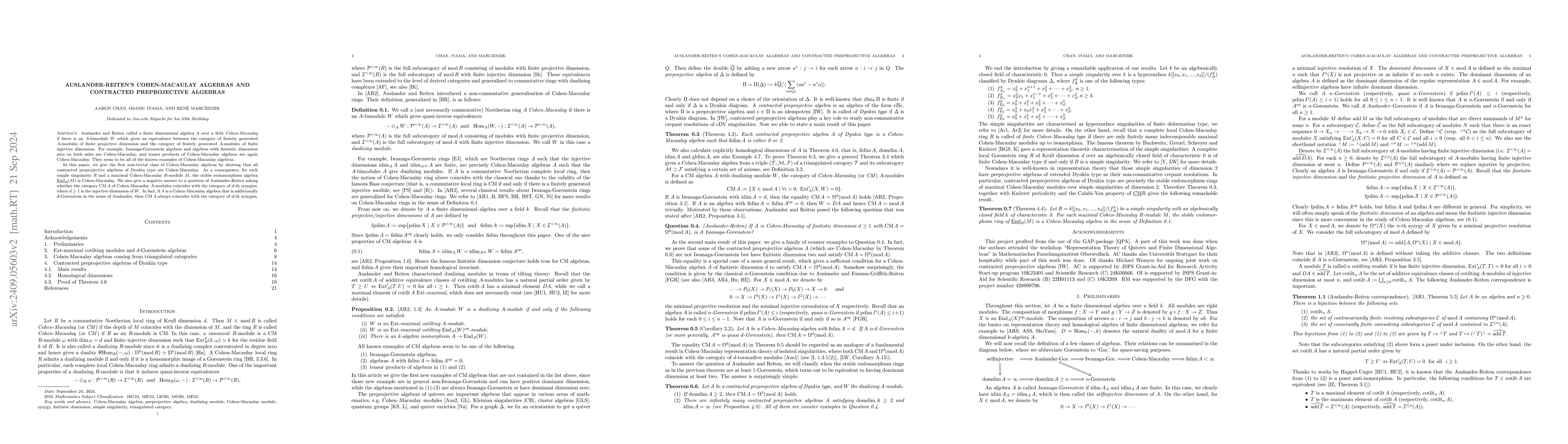 Thumbnail for Auslander-Reiten's Cohen-Macaulay algebras and contracted preprojective
  algebras