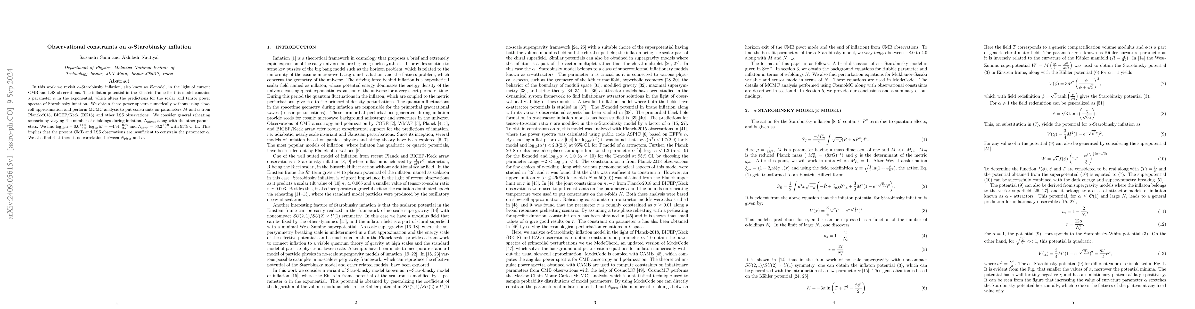 Thumbnail for Observational constraints on $α$-Starobinsky inflation