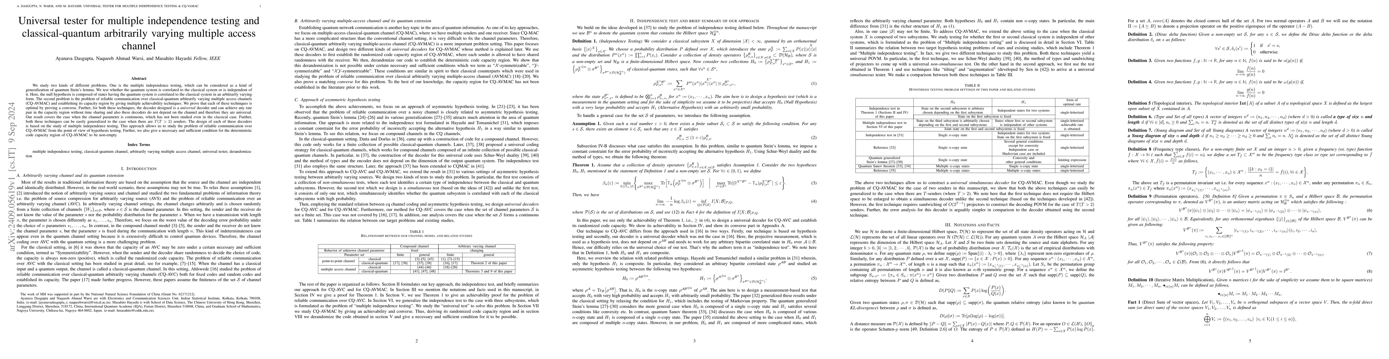 Thumbnail for Universal tester for multiple independence testing and classical-quantum
  arbitrarily varying multiple access channel