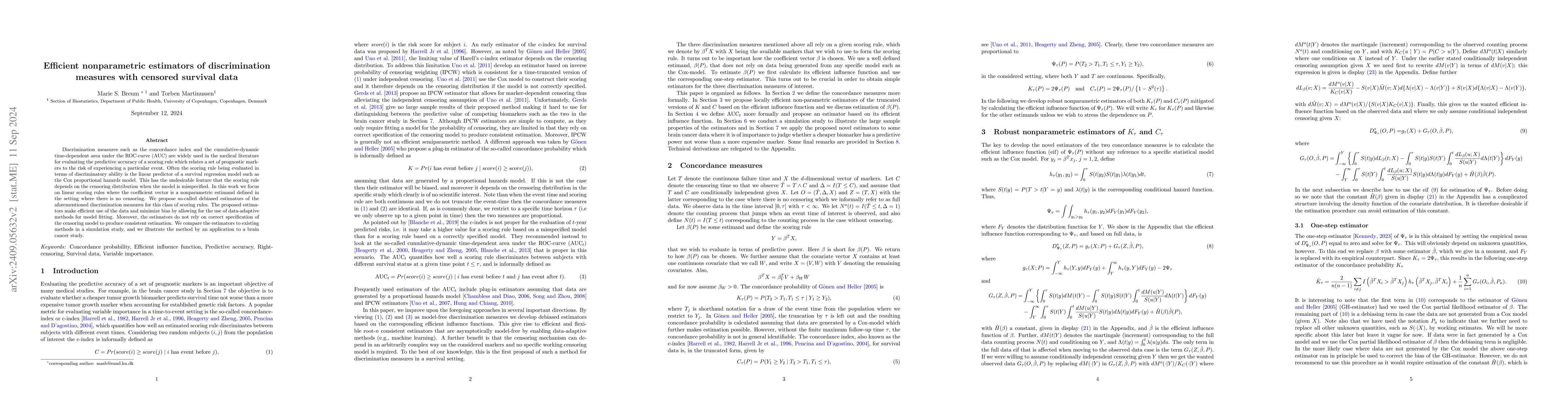 Thumbnail for Efficient nonparametric estimators of discrimination measures with
  censored survival data