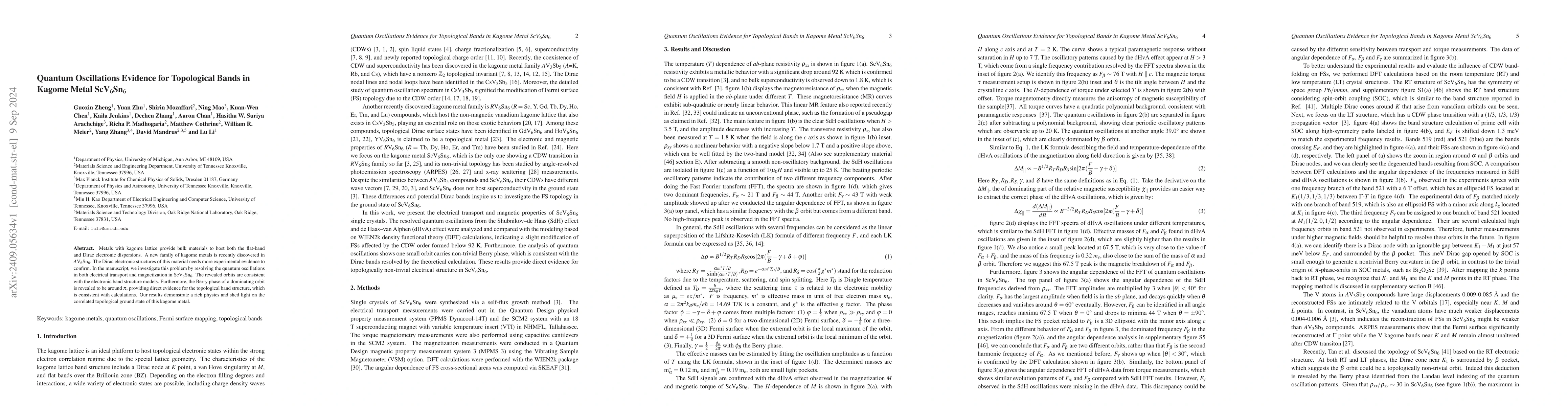 Thumbnail for Quantum Oscillations Evidence for Topological Bands in Kagome Metal
  ScV6Sn6