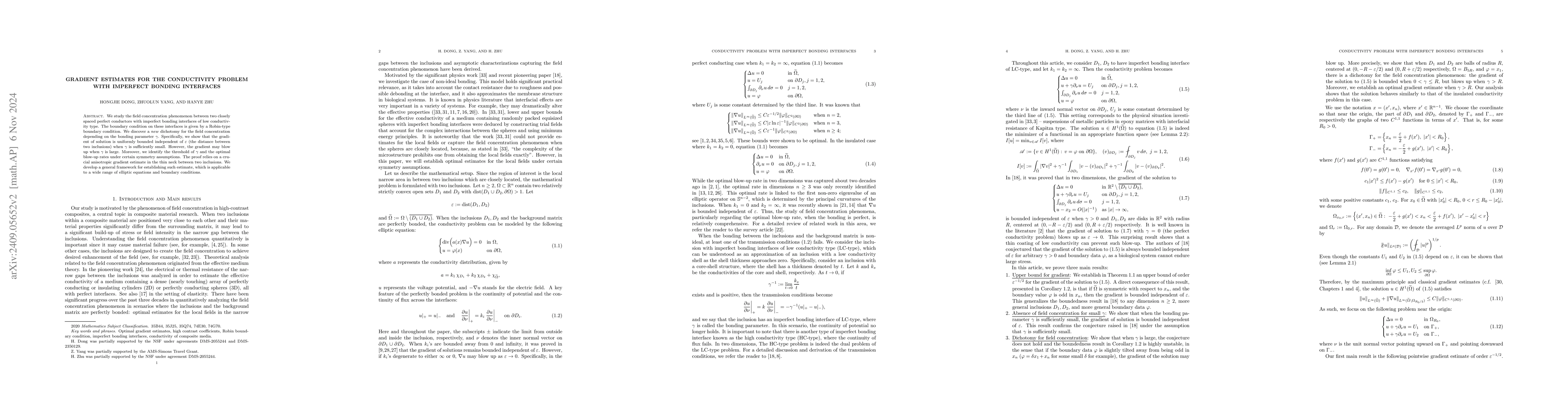 Thumbnail for Gradient estimates for the conductivity problem with imperfect bonding
  interfaces