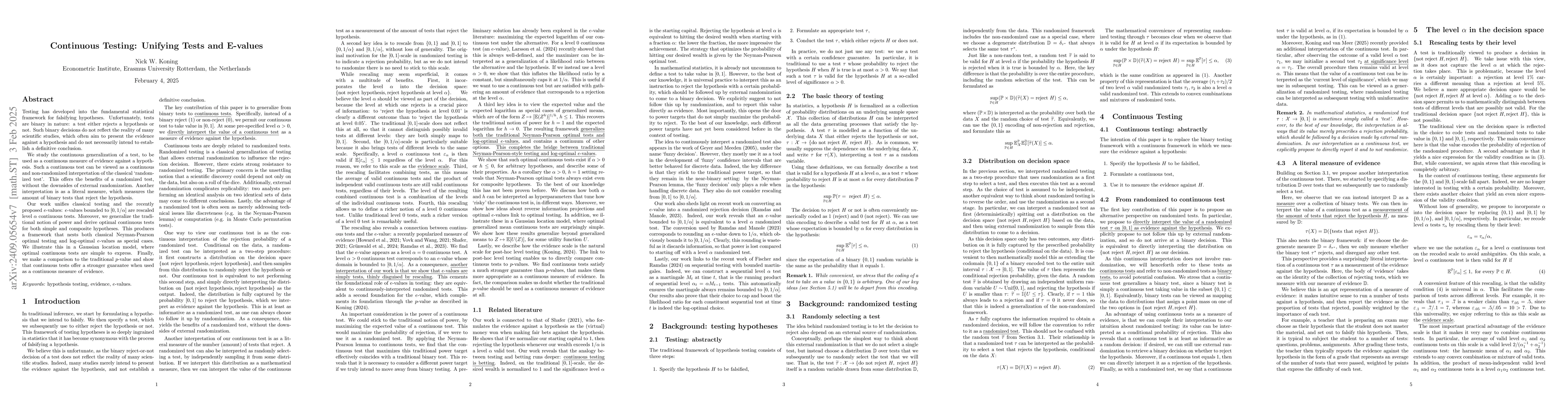 Thumbnail for Continuous Testing: Unifying Tests and E-values