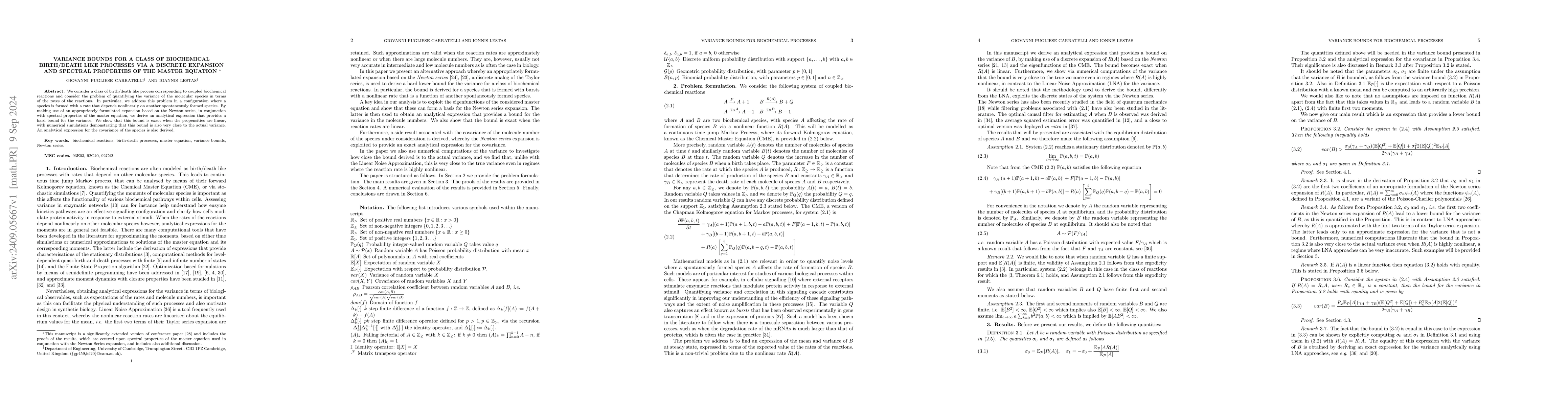 Thumbnail for Variance bounds for a class of biochemical birth/death like processes
  via a discrete expansion and spectral properties of the Master equation