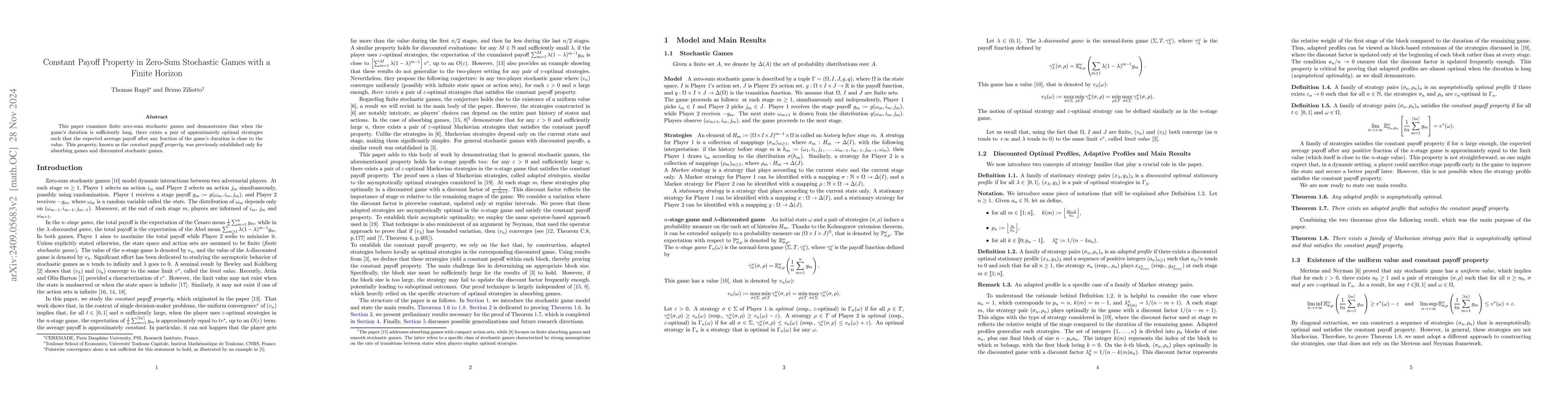 Thumbnail for Constant Payoff Property in Zero-Sum Stochastic Games with a Finite
  Horizon