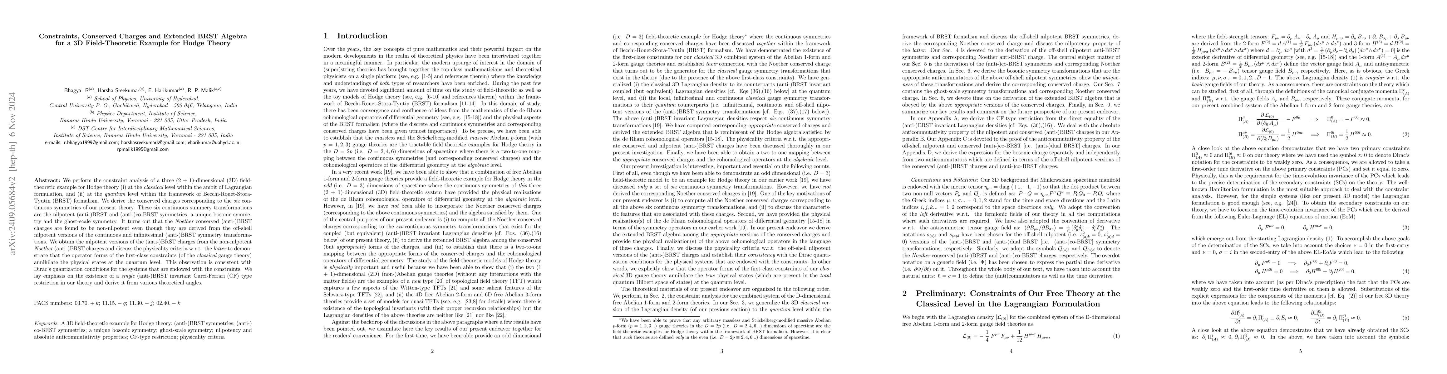 Thumbnail for Constraints, Conserved Charges and Extended BRST Algebra for a 3D
  Field-Theoretic Example for Hodge Theory