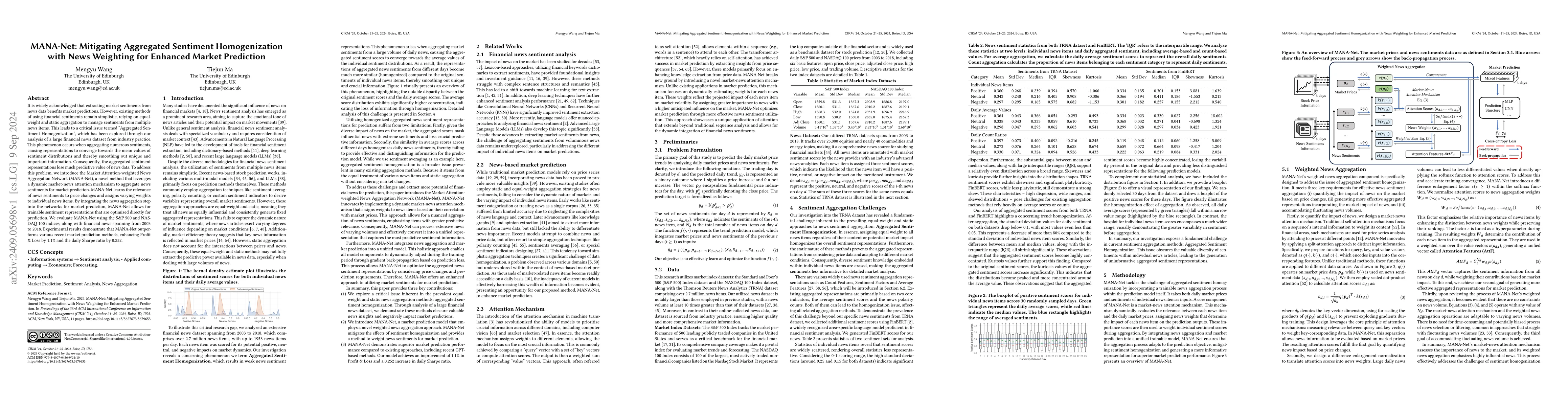 Thumbnail for MANA-Net: Mitigating Aggregated Sentiment Homogenization with News
  Weighting for Enhanced Market Prediction