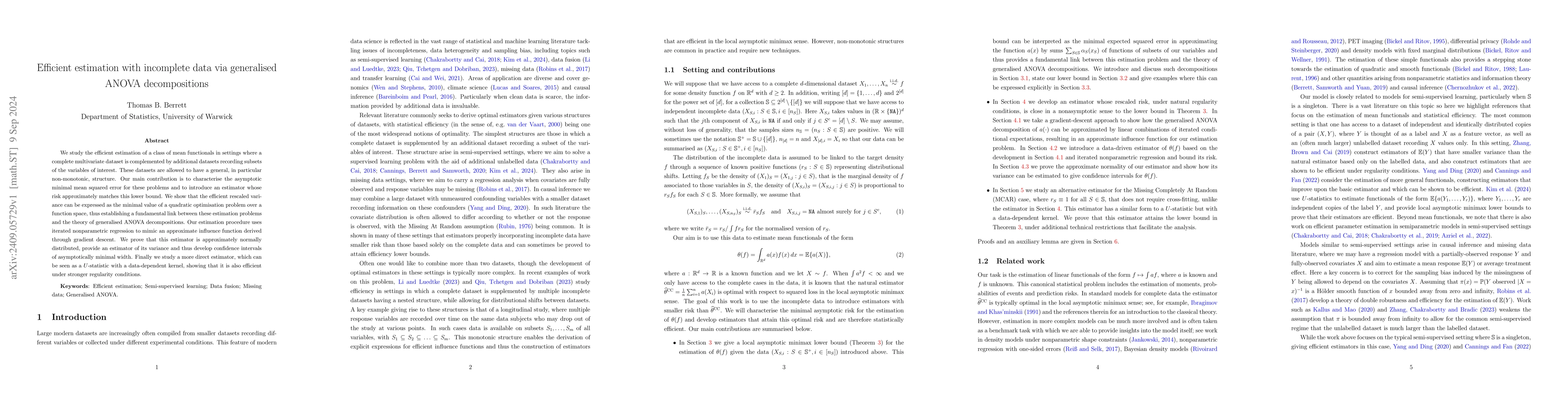 Thumbnail for Efficient estimation with incomplete data via generalised ANOVA
  decomposition