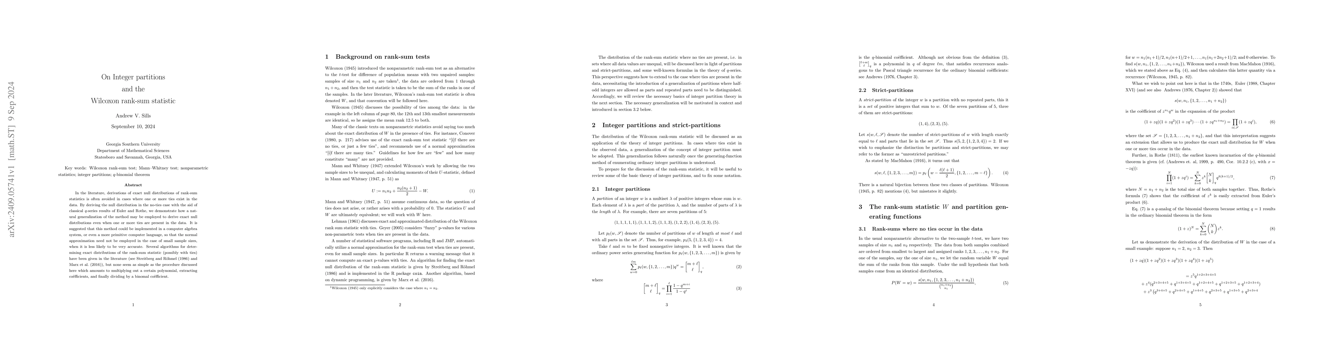 Thumbnail for On integer partitions and the Wilcoxon rank-sum statistic