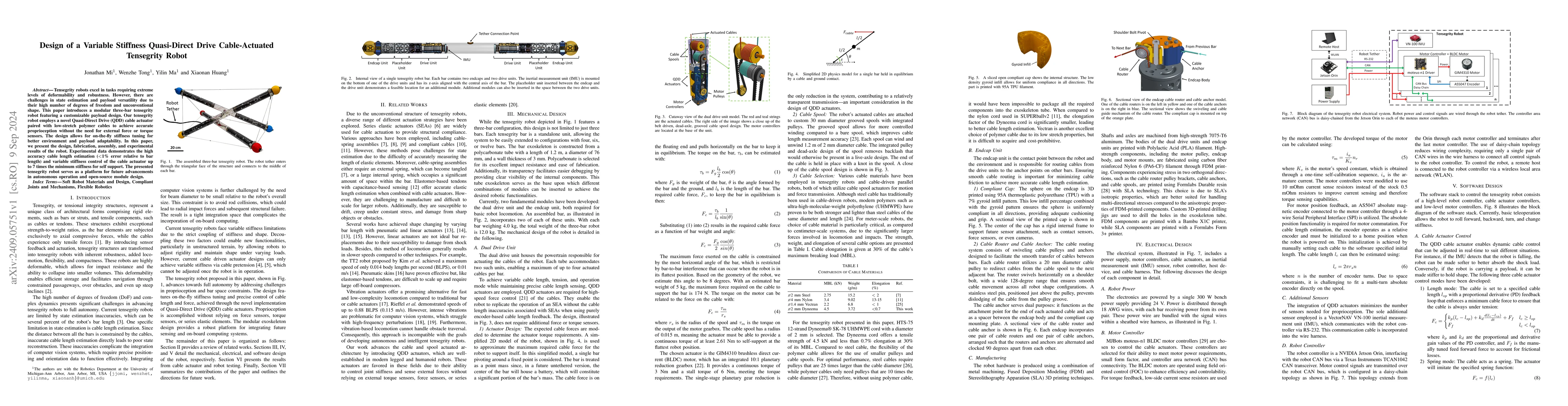Thumbnail for Design of a Variable Stiffness Quasi-Direct Drive Cable-Actuated
  Tensegrity Robot