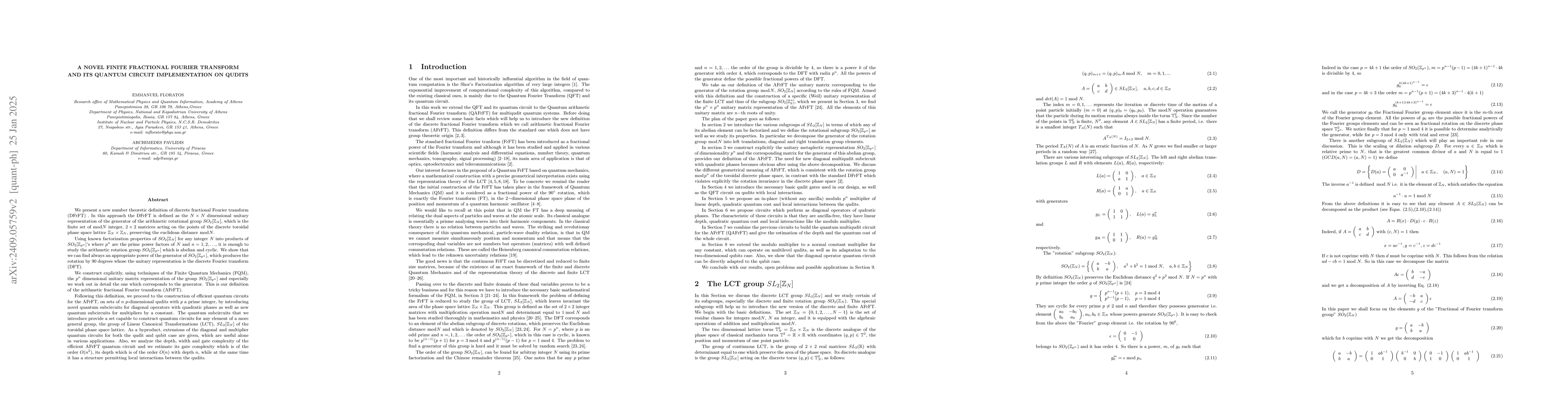Thumbnail for A Novel Finite Fractional Fourier Transform and its Quantum Circuit
  Implementation on Qudits