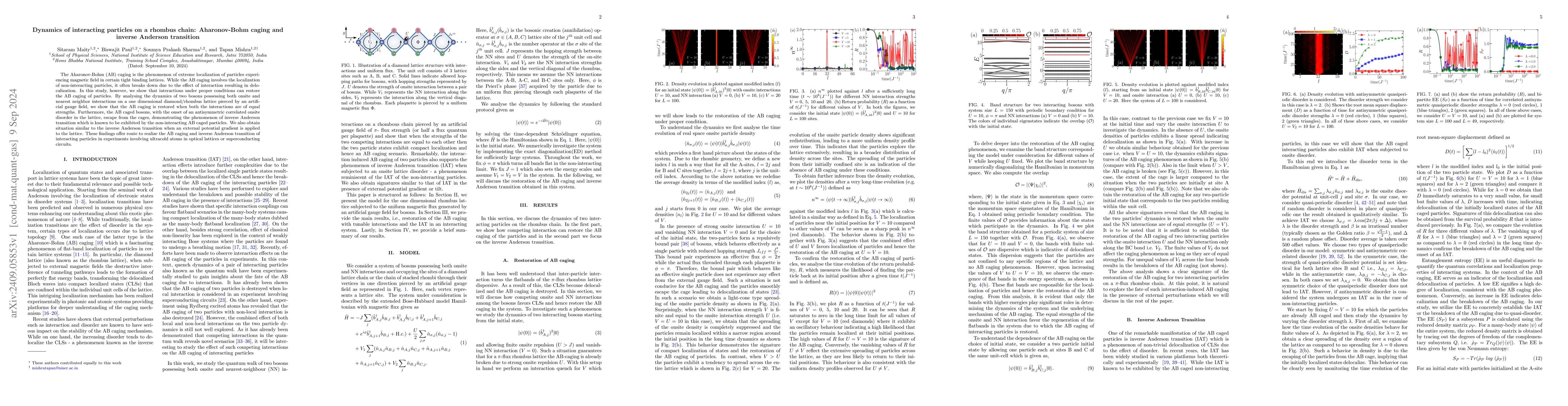 Thumbnail for Dynamics of interacting particles on a rhombus chain: Aharonov-Bohm
  caging and inverse Anderson transition