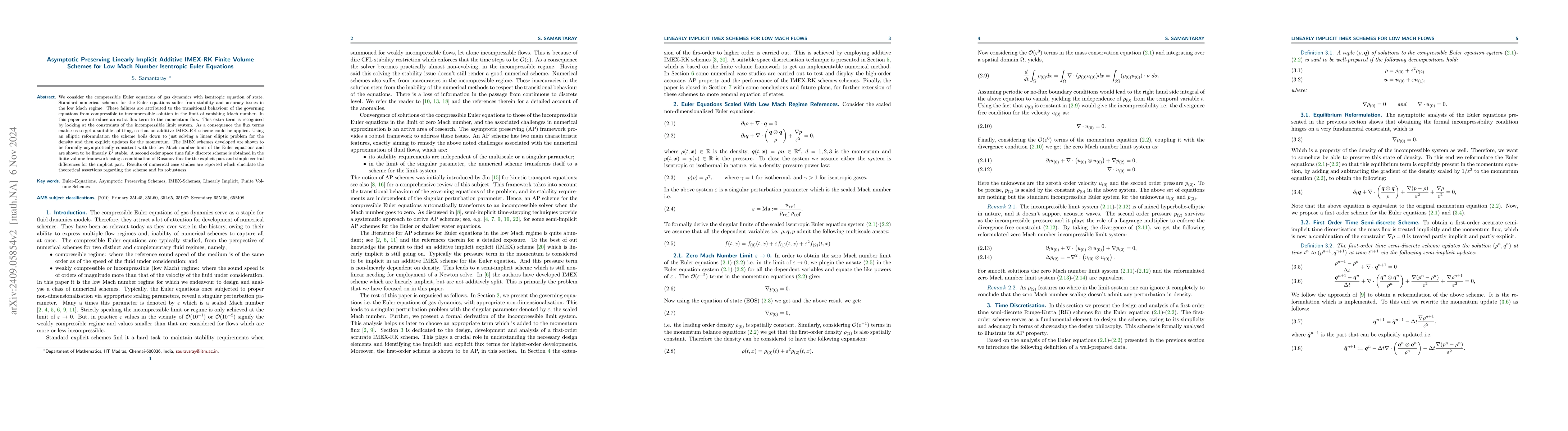 Thumbnail for Asymptotic Preserving Linearly Implicit Additive IMEX-RK Finite Volume
  Schemes for Low Mach Number Isentropic Euler Equations