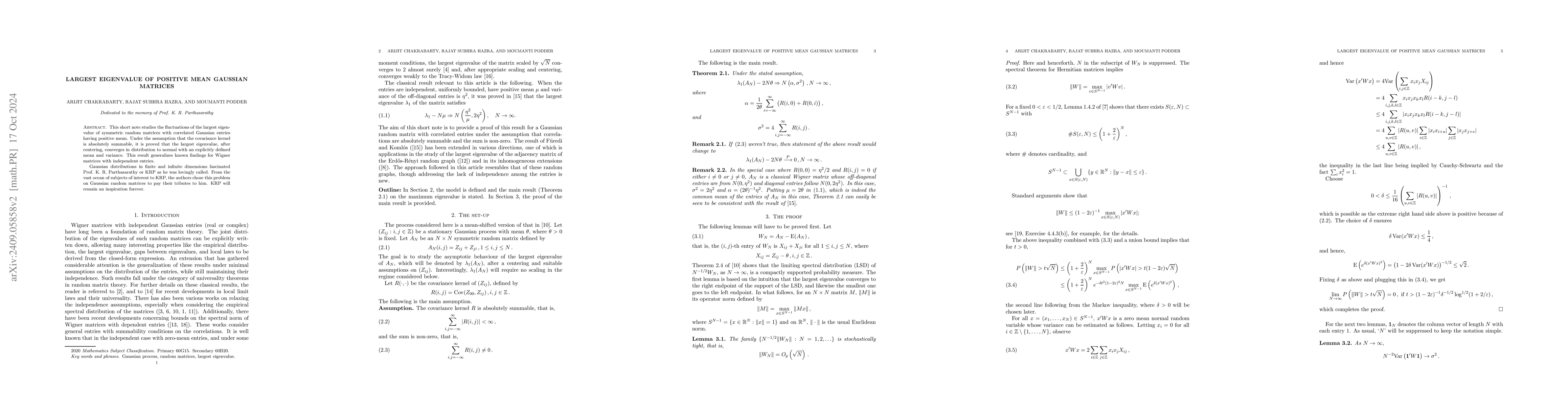 Thumbnail for Largest eigenvalue of positive mean Gaussian matrices
