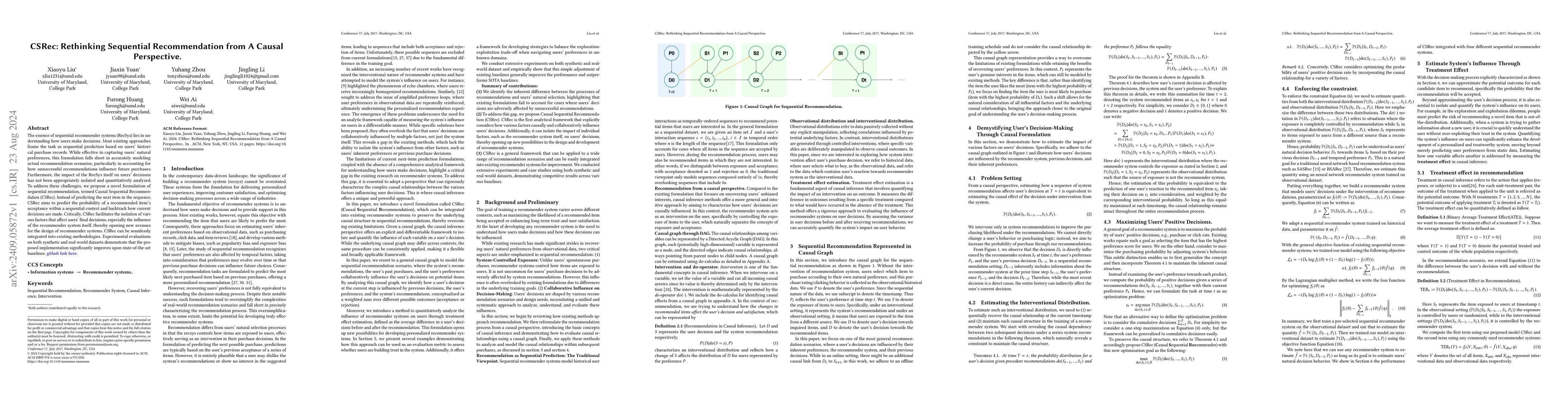 Thumbnail for CSRec: Rethinking Sequential Recommendation from A Causal Perspective