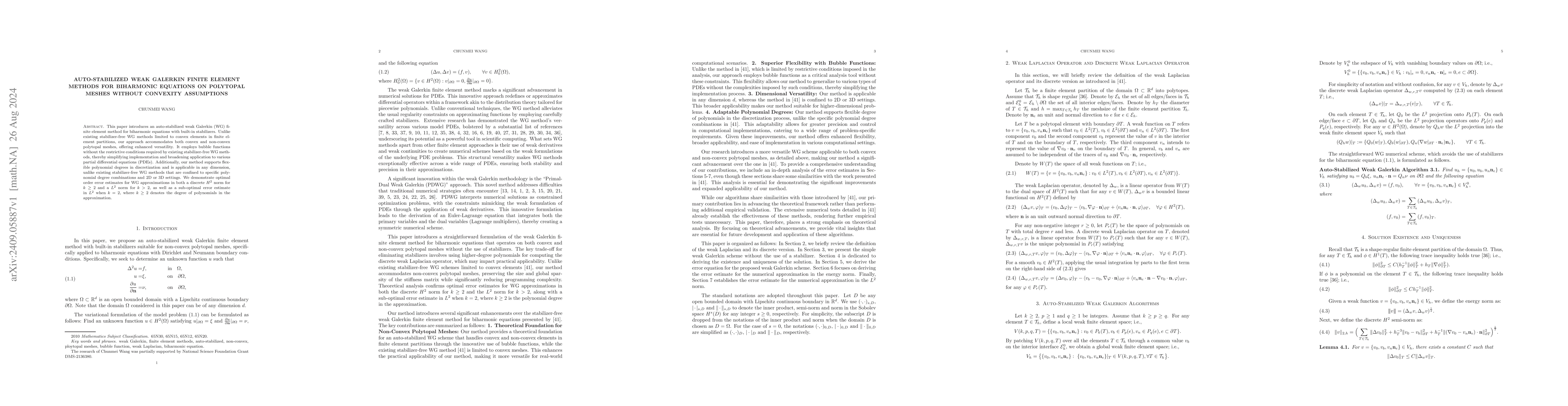 Thumbnail for Auto-Stabilized Weak Galerkin Finite Element Methods for Biharmonic
  Equations on Polytopal Meshes without Convexity Assumptions