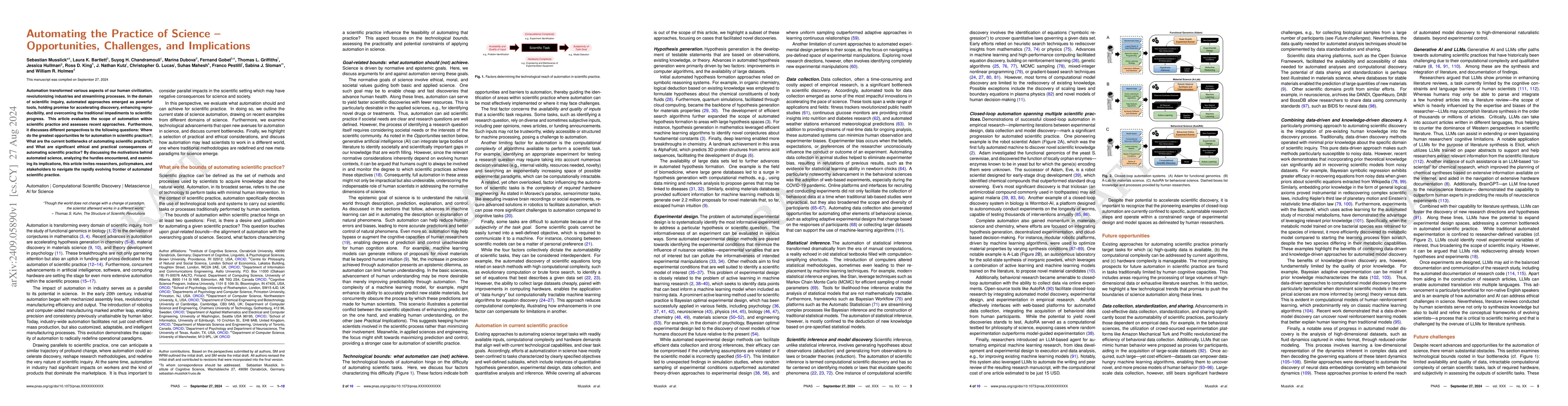 Thumbnail for Automating the Practice of Science -- Opportunities, Challenges, and
  Implications