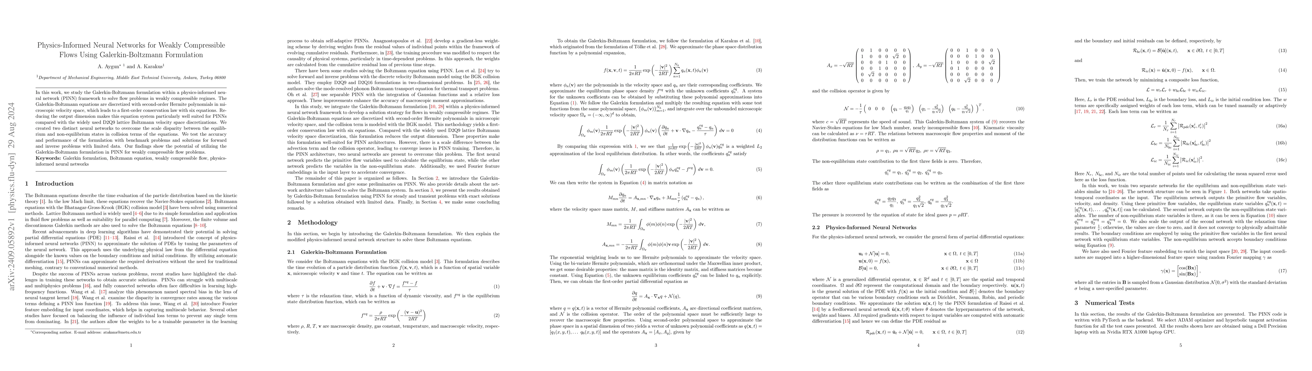 Thumbnail for Physics-Informed Neural Networks for Weakly Compressible Flows Using
  Galerkin-Boltzmann Formulation
