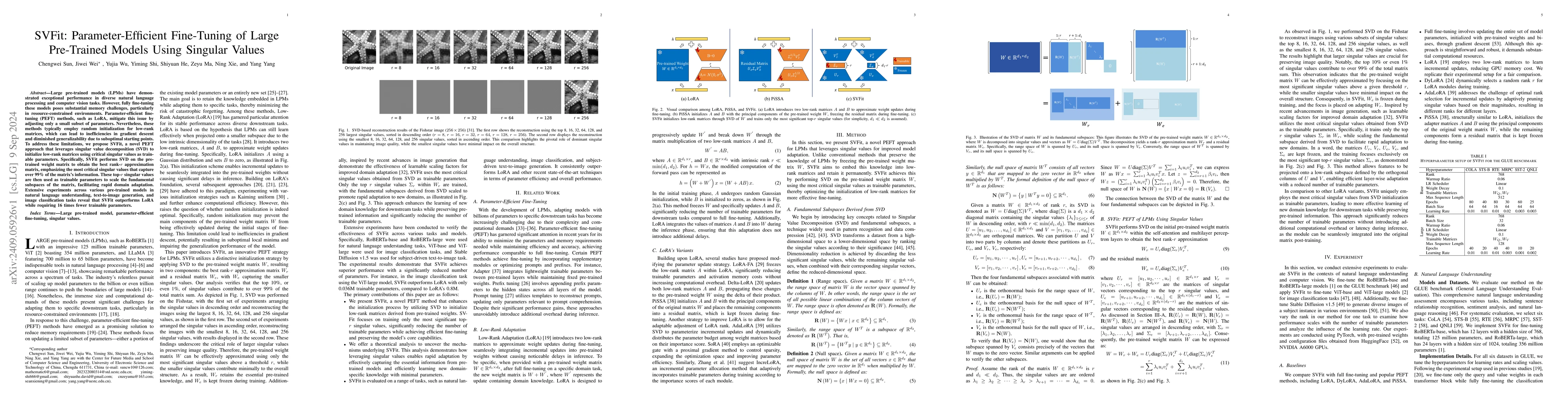 Thumbnail for SVFit: Parameter-Efficient Fine-Tuning of Large Pre-Trained Models Using
  Singular Values