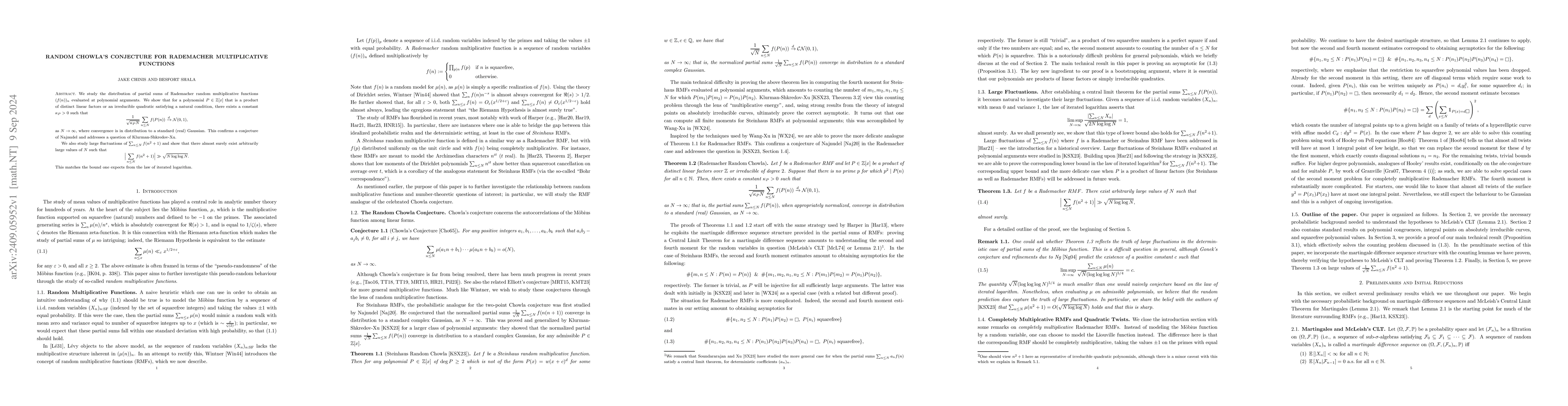 Thumbnail for Random Chowla's Conjecture for Rademacher Multiplicative Functions