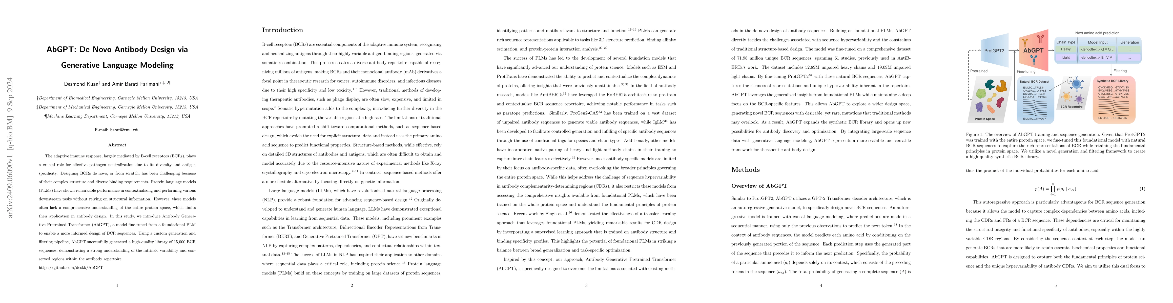 Thumbnail for AbGPT: De Novo Antibody Design via Generative Language Modeling