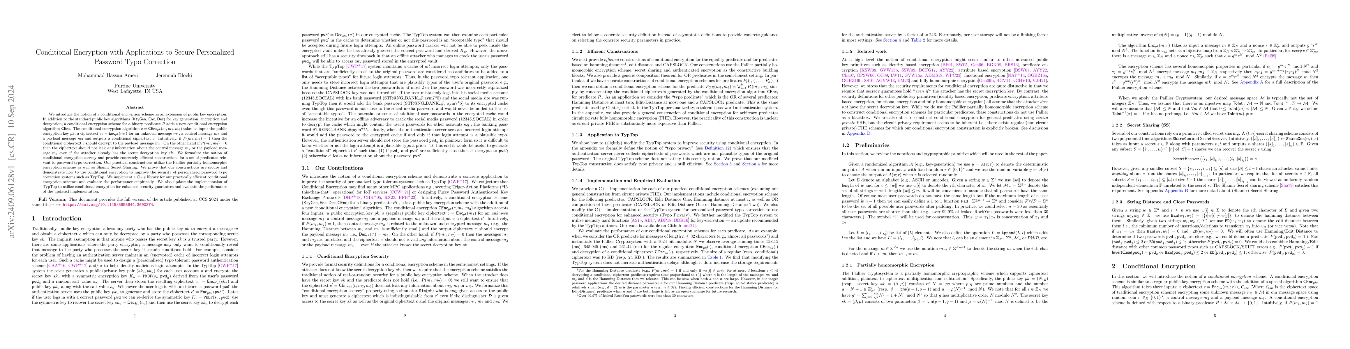 Thumbnail for Conditional Encryption with Applications to Secure Personalized Password
  Typo Correction