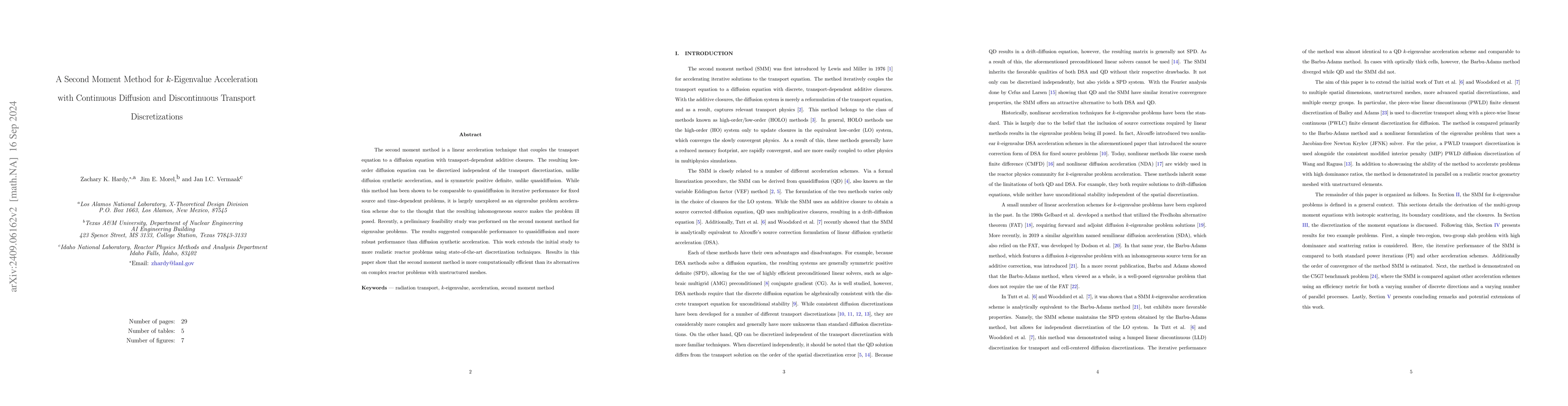 Thumbnail for A Second Moment Method for k-Eigenvalue Acceleration with Continuous
  Diffusion and Discontinuous Transport Discretizations