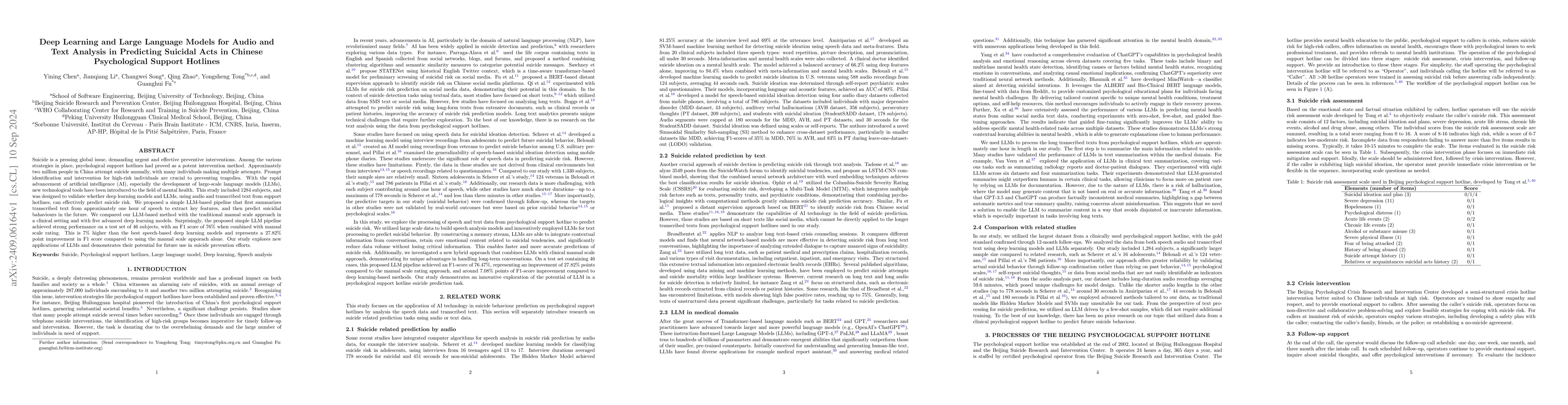 Thumbnail for Deep Learning and Large Language Models for Audio and Text Analysis in
  Predicting Suicidal Acts in Chinese Psychological Support Hotlines
