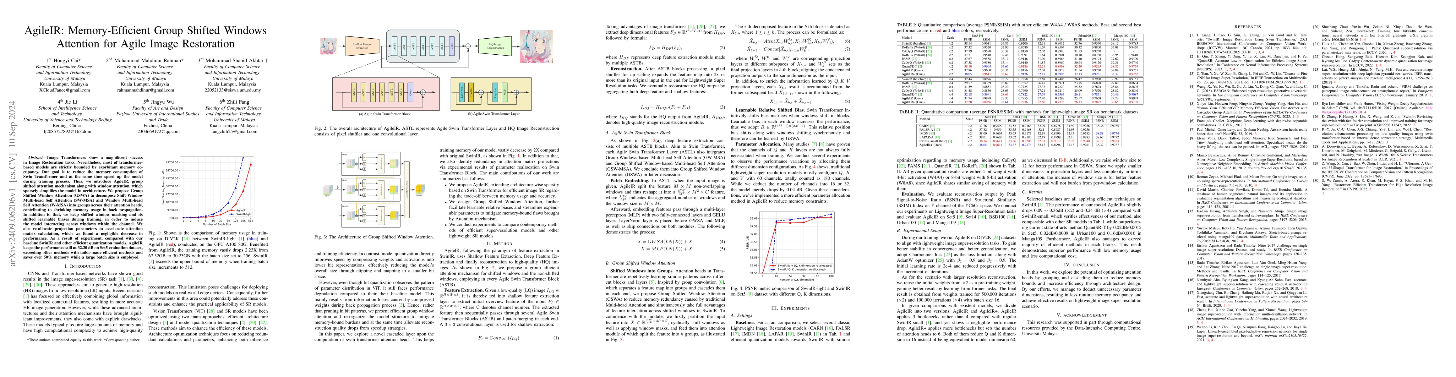 Thumbnail for AgileIR: Memory-Efficient Group Shifted Windows Attention for Agile
  Image Restoration