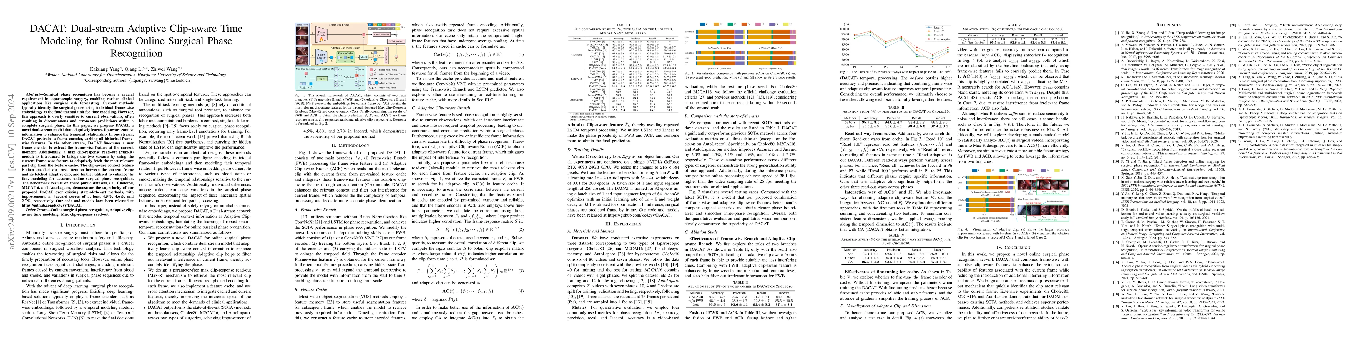 Thumbnail for DACAT: Dual-stream Adaptive Clip-aware Time Modeling for Robust Online
  Surgical Phase Recognition