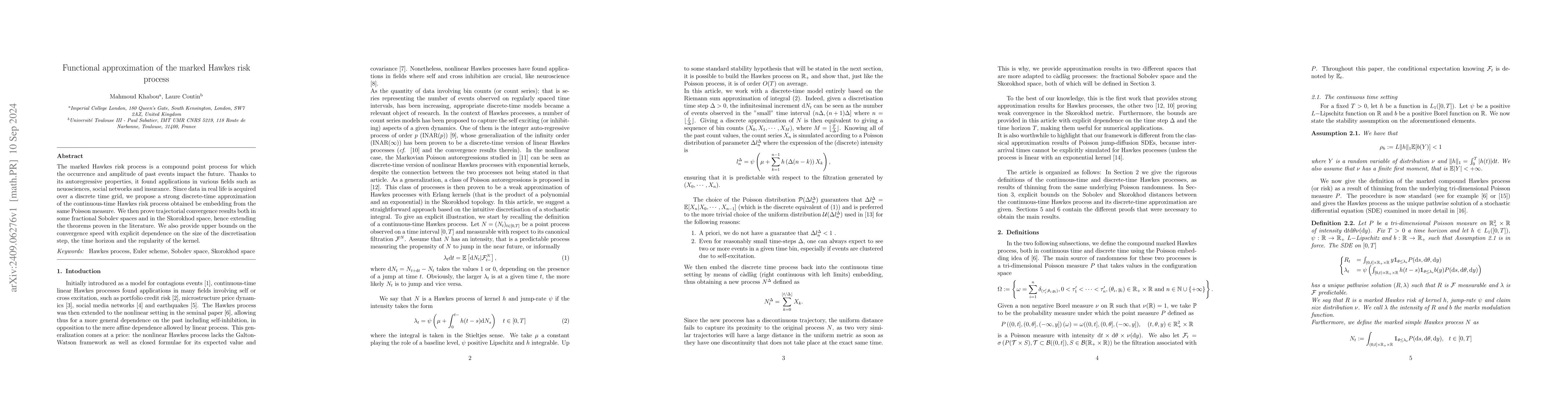 Thumbnail for Functional approximation of the marked Hawkes risk process